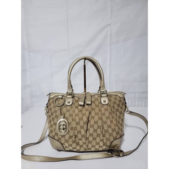 Authentic GUCCI Monogram Medium Sukey Satchel Bag Golden Beige